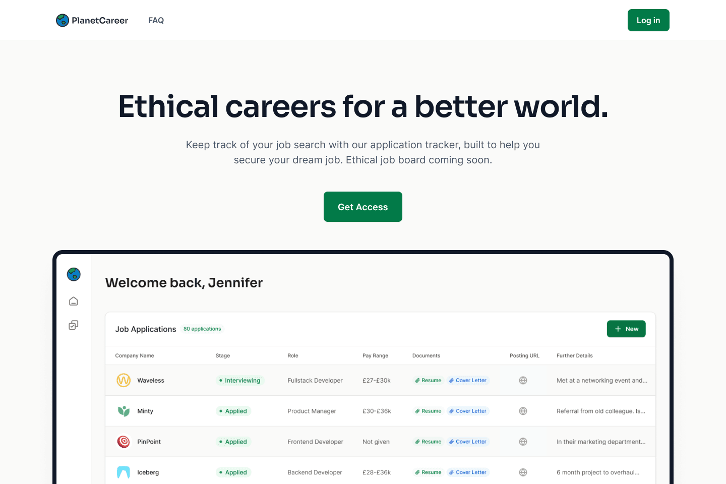 Homepage of PlanetCareer website